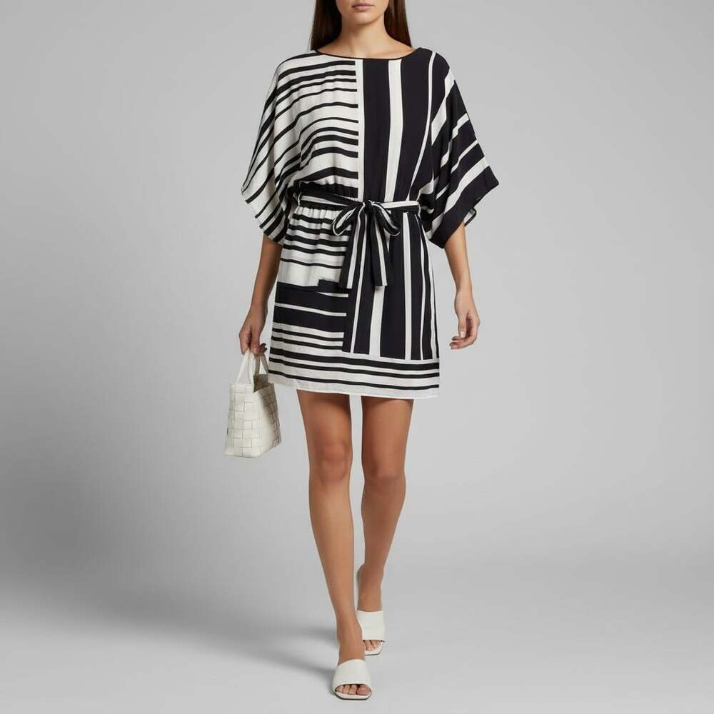 BCBGMaxAzria 100% Silk Mixed Stripe Kimono Mini Dress Size XXS Black White